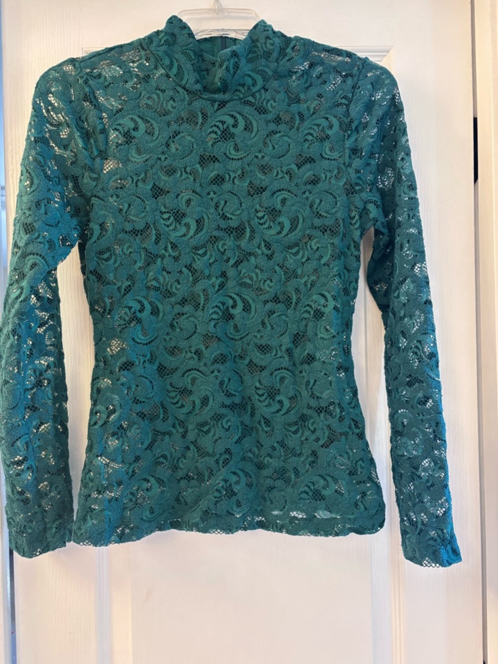Dark Green Lace Long-Sleeve Mock Neck Top